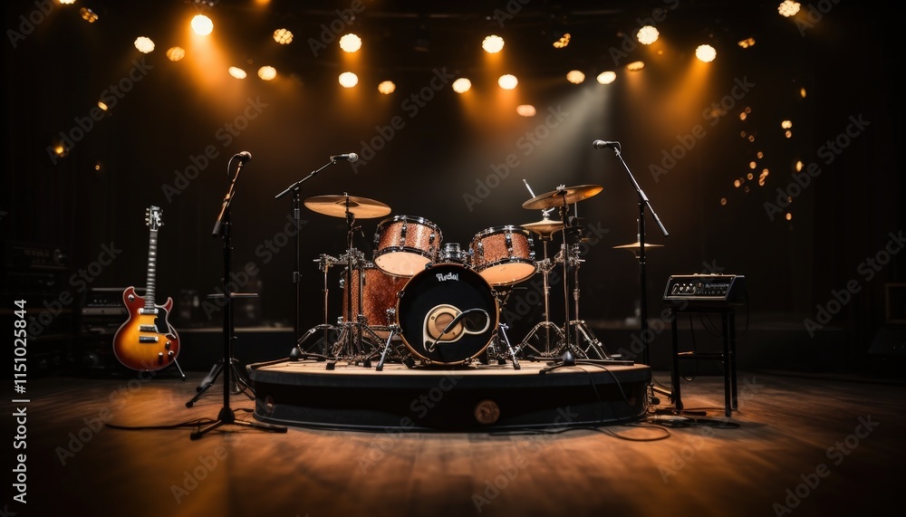 Poster empty stage with musical instruments and microphones ready for a live performance