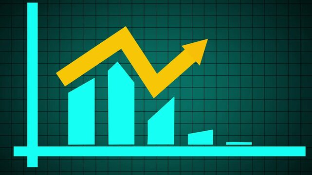 Business graph up to down yellow arrow with animated blue bar. Animation blue bar chart graph on blue background with grid. Video footage
