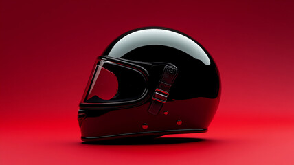 Obraz premium Sleek Black Motorcycle Helmet Red Background Safety Gear