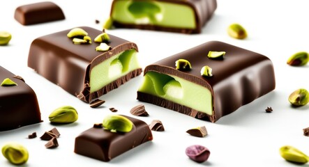 Chocolate bar with pistachio filling, broken in half, creamy green center, whole pistachios scattered around, close-up photography, white background, high contrast, food styling, product photography, 
