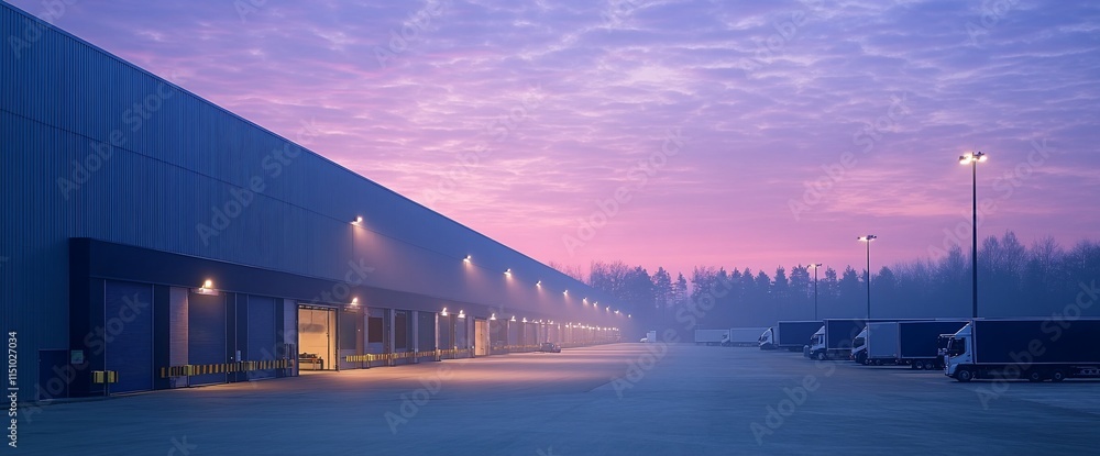 Poster a warehouse loading area at dawn with soft lighting and a colorful sky.