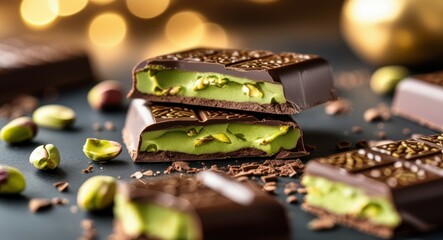 Dark chocolate squares, pistachio filling, gourmet confectionery, bokeh background, macro photography, rich textures, luxurious dessert, artisanal sweets, glossy chocolate surface, crushed pistachios,