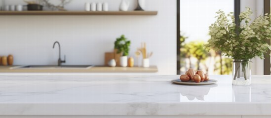 Fototapeta premium Bright and Minimalistic Kitchen Interior with White Marble Countertop and Fresh Flowers in Vase