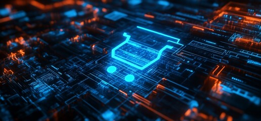 Obraz premium Abstract digital circuit design with glowing blue and orange elements.