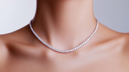 A beautiful woman wearing a luxury diamond necklace, with a close-up on her neck against an isolated background, suitable for a jewelry store banner.