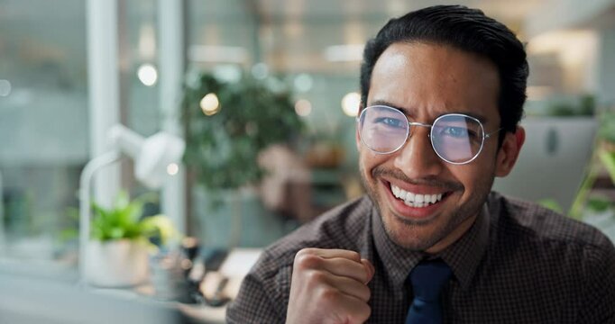 Business, man and happy with fist on computer with email for good news, promotion and project success in Japan. Male person, employee and excited or smile with response, feedback and report at office