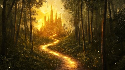 Fototapeta premium Enchanted Forest Path Leading to a Golden Castle at Sunset