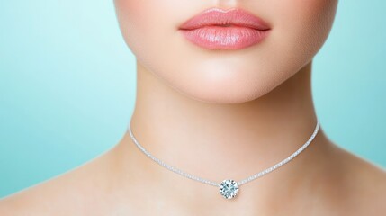 A beautiful woman wearing a luxury diamond necklace, with a close-up on her neck against an isolated background, suitable for a jewelry store banner.