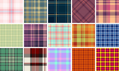 A collection of trendy plaid patterns with geometric checks, perfect for textile, fabric, wallpaper, or clothing designs.
