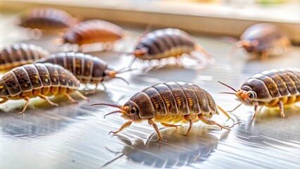 Fototapeta premium Eliminating Woodlice: Tilt-Shift Bathroom Pest Control, Miniature Isopod Infestation, Bathroom Bugs