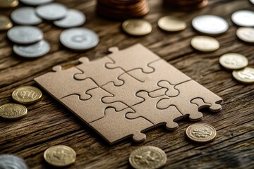 piece of blank jigsaw puzzle and coins on wooden table 