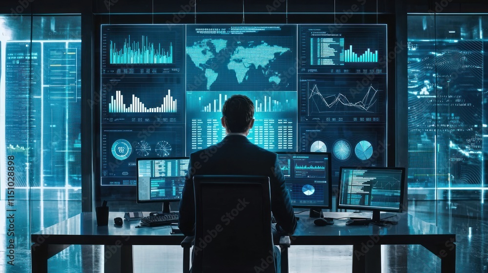 Poster analyst reviews global data on multiple screens