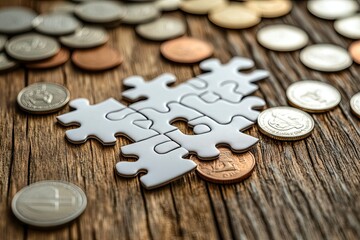 piece of blank jigsaw puzzle and coins on wooden table 