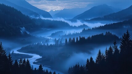 Foggy Valley with Rolling Hills and Winding River Under Moonlit Sky at Dusk