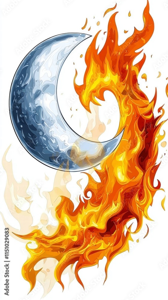 Poster dynamic fusion of fire and moon elements art creation digital design vibrant environment artistic vi