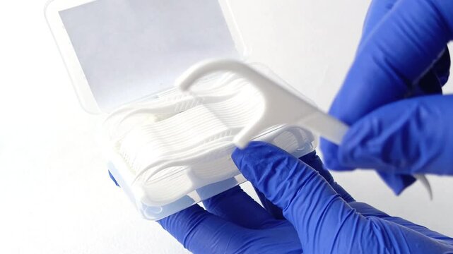 Doctor's hand takes flosser out of plastic container close-up on white background. Dental floss for oral hygiene. Background.