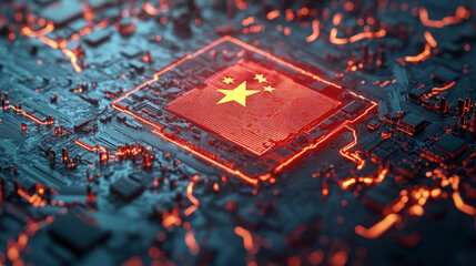 Chip shortage and US-China trade conflict. Global chip shortage crisis and China-United States trade war concept. China flag and US flag on china map 