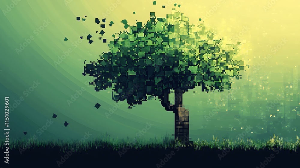 Poster pixelated tree dissolving in a serene landscape.