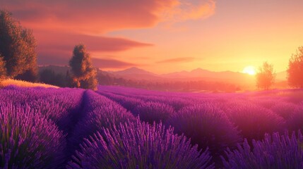 Fototapeta premium Lavender Field Sunset Scenic Landscape With Mountains