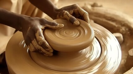 Fototapeta premium Hands shaping clay on spinning wheel.