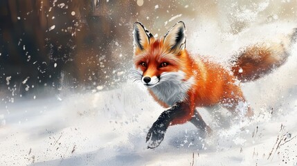 Obraz premium Red Fox Sprinting Through the Snow