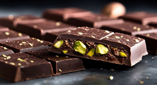 Dark chocolate bars, broken pieces, pistachios, gold flakes, rustic wooden surface, moody lighting, artisanal confectionery, gourmet dessert, rich textures, high contrast, food photography, luxury swe