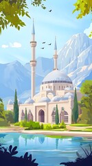 Naklejka premium luxurious and magnificent mosque building, with a large and beautiful garden, with beautiful mountain views