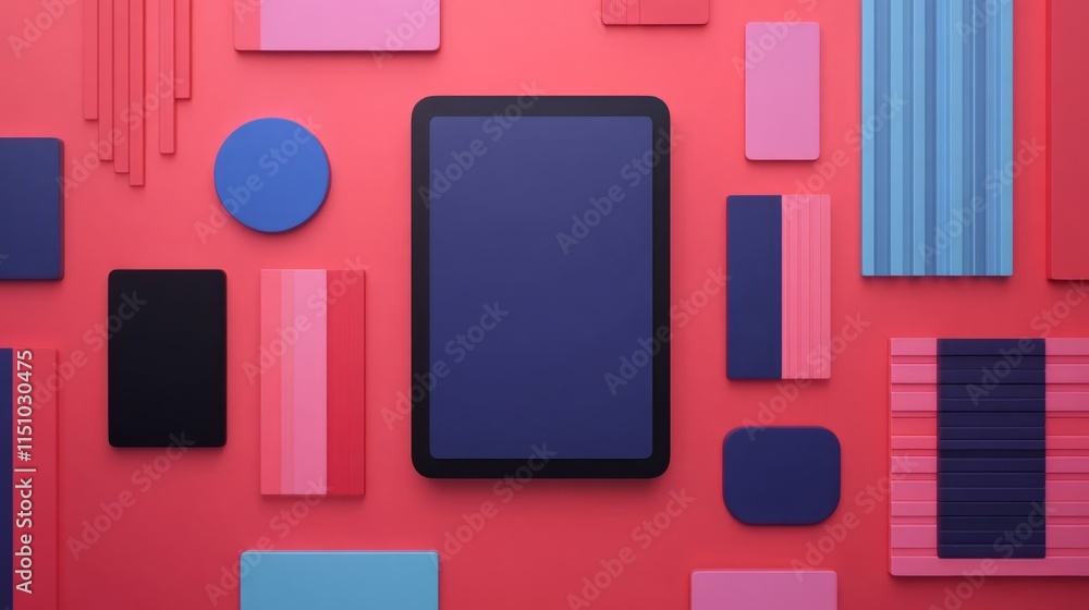 Poster abstract composition of colorful geometric shapes on a pink background featuring a central tablet de