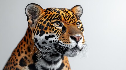 Close-up portrait of a jaguar, showcasing its spotted coat and intense gaze against a neutral background.
