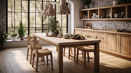 Obraz premium Bright and Airy Kitchen with Wooden Table Surrounded by Natural Light and Greenery, Featuring Cozy Dining Space and Minimalist Decor Elements