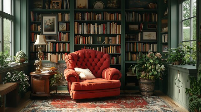 Cozy Reading Nook with Bookshelves.  Rustic Library Interior Design.