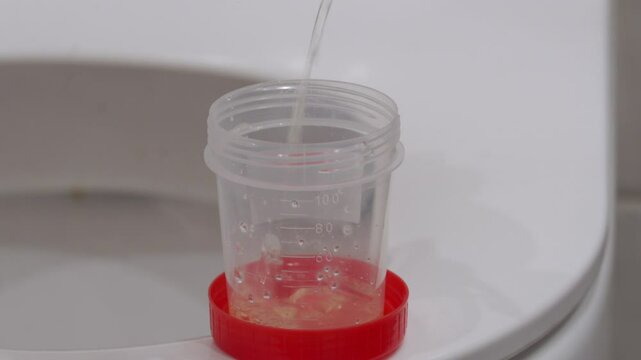 Person filling urine sample container in toilet. Man peeing in urine test plastic container. Medical urine test. Drug testing.