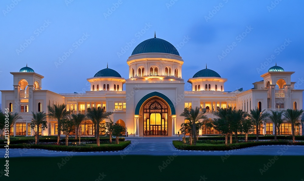 Poster elegant architectural design of a grand building illuminated at dusk.