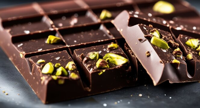 Dark chocolate bars, broken pieces, pistachios, gold flakes, rustic wooden surface, moody lighting, artisanal confectionery, gourmet dessert, rich textures, high contrast, food photography, luxury swe