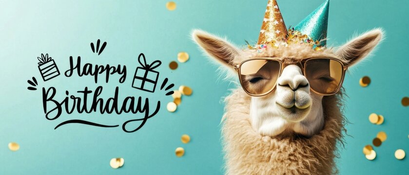 Happy Birthday Llama in Sunglasses with Party Hat and Confetti