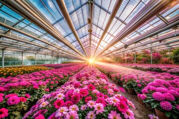 Long Exposure Pink Flowers Greenhouse Skylight Photography - Stunning Floral Greenhouse Images