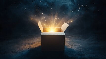 Glowing light from an opened cardboard box on dark background.
