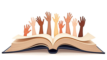 “Illustration on Education for All” – A depiction of an open book with diverse hands reaching for it, symbolizing universal access to education, on a white background.
