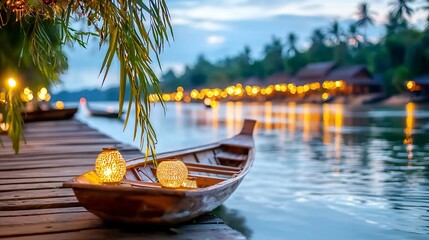 Obraz premium Winter romantic town festive concept. A serene riverside scene featuring a wooden boat, glowing lanterns, and lush greenery under a tranquil twilight sky.