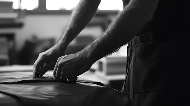 Hands working leather craft.
