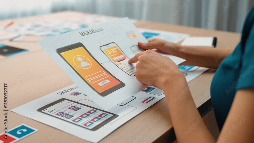 Poster startup company employee planning for user interface prototype for mobile application or website in 