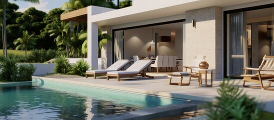 Fototapeta premium Modern Home with Stylish Swimming Pool and Relaxing Outdoor Area Surrounded by Lush Greenery in Bright Natural Light