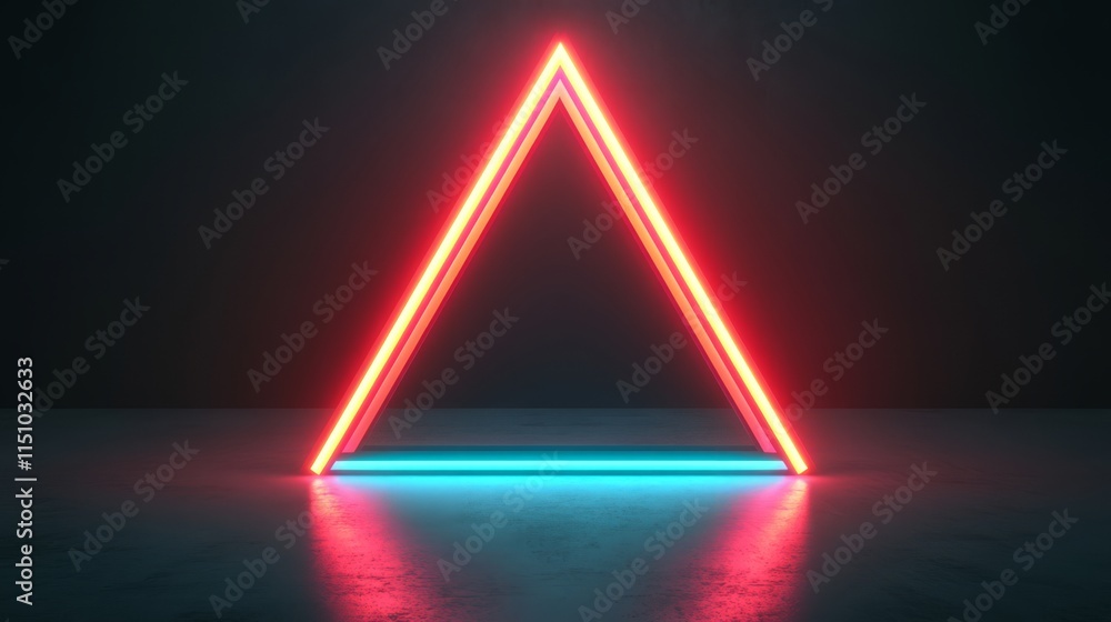 Poster neon triangle light design in dark space, glowing pink and blue lines create geometric shape with re