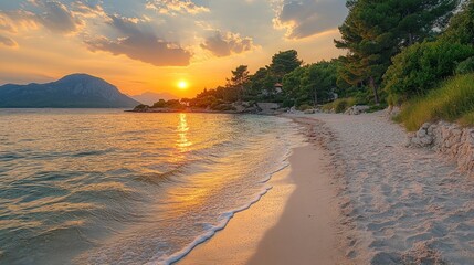 Sunset beach scene, golden hour, tranquil water.