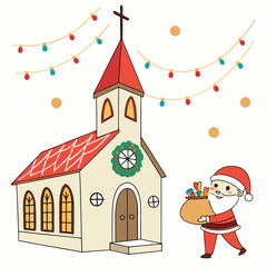 Santa Claus is in front of the church vector design on a white background 