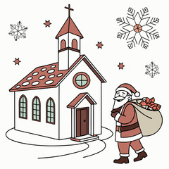 Santa Claus is in front of the church vector design on a white background 