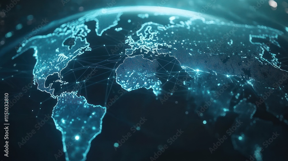 Poster global network connections illuminated world map