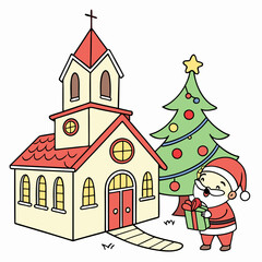 Naklejka premium Santa Claus and the Christmas tree are in front of the church vector design on a white background 