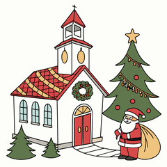 Santa Claus and the Christmas tree are in front of the church vector design on a white background 