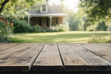 Fototapeta premium Empty Wooden Table In Front Of Farm House, Real Estate, Product Display